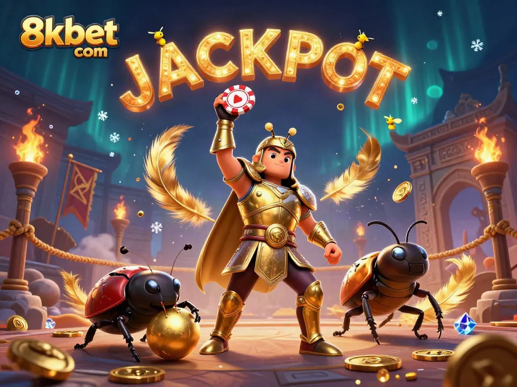 Engage in thrilling gameplay with 8xbet com as a vibrant 3D illustration highlights a beetle hero triumphantly holding a poker chip.