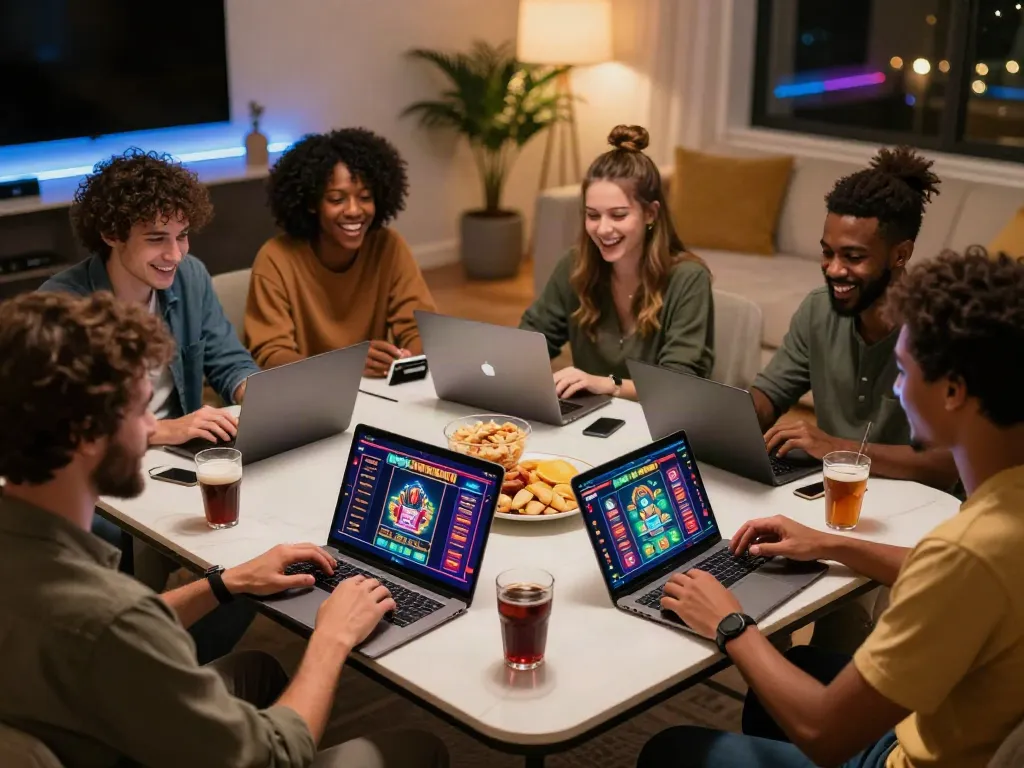 Friends enjoying casinos not on gamstop while gaming online in a stylish room.