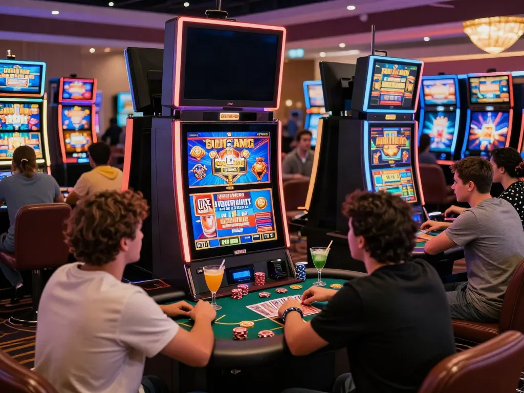 Engaging scene of players enjoying casinos not on gamstop, vibrant atmosphere with games and cocktails.