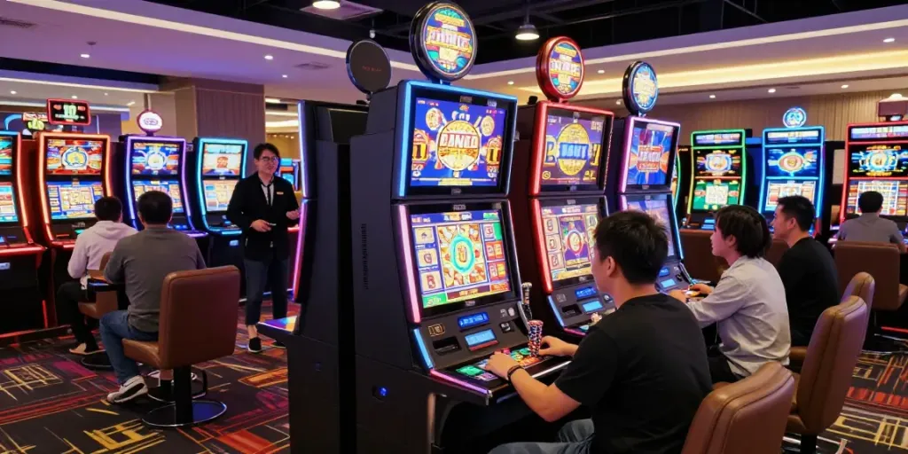 Player enjoying gaming at casinos not on gamstop in a lively casino lounge.