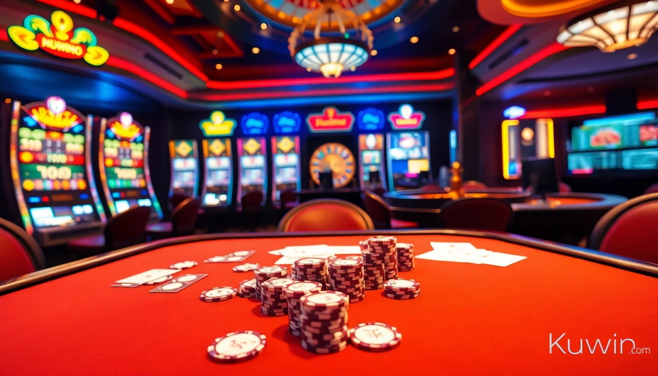 Experience high-stakes gaming excitement at kuwin.com with vibrant casino tables and slot machines.