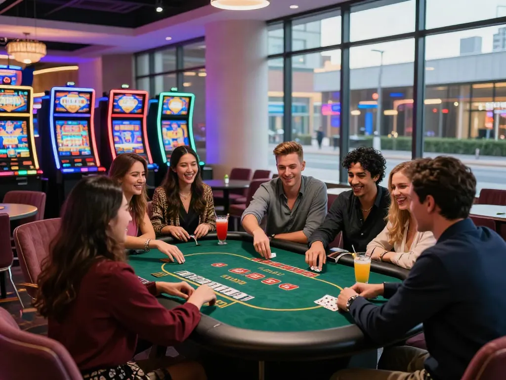 Casinos not on GamStop featuring friends enjoying a lively poker game in a vibrant urban setting.