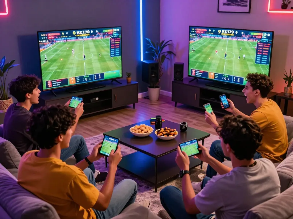 Group enjoying live betting on Oke179 with dynamic visuals and vibrant atmosphere.