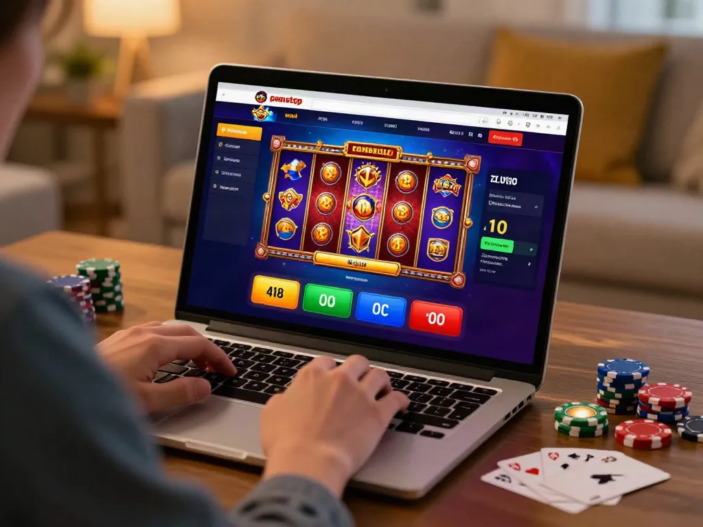 Engaging scene of online gaming with casinos not on gamstop theme, featuring vibrant gaming layout and cozy home atmosphere.