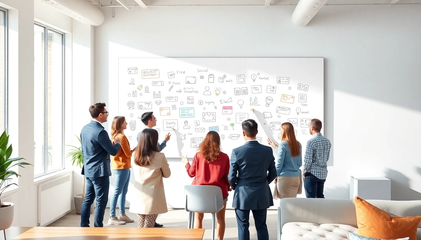Marketing team strategizing Social media ads in a bright office environment.