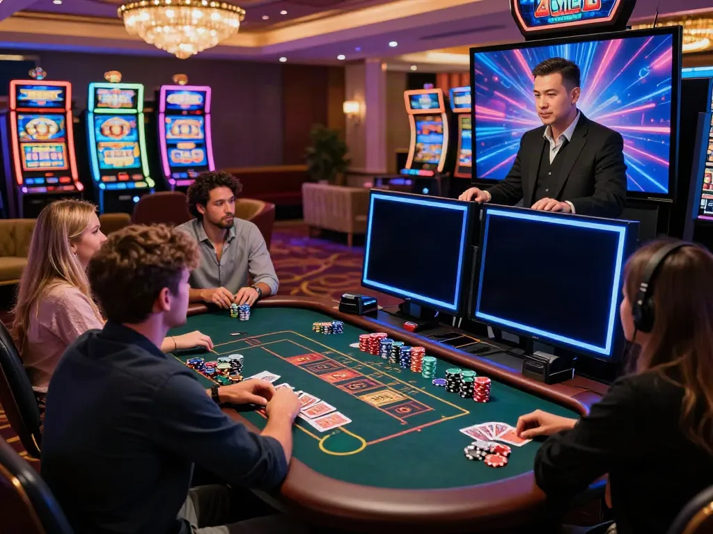 Exciting gaming scene showcasing casinos not on gamstop with diverse players at lavish tables and glowing slot machines.