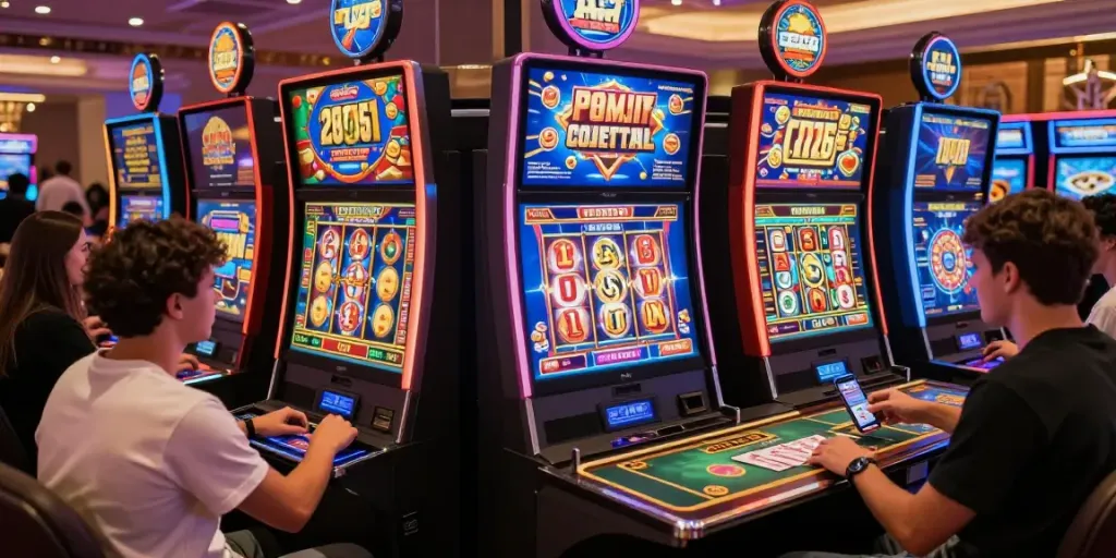 Engaged players enjoying casinos not on GamStop, vibrant online gaming atmosphere, colorful digital interactions.