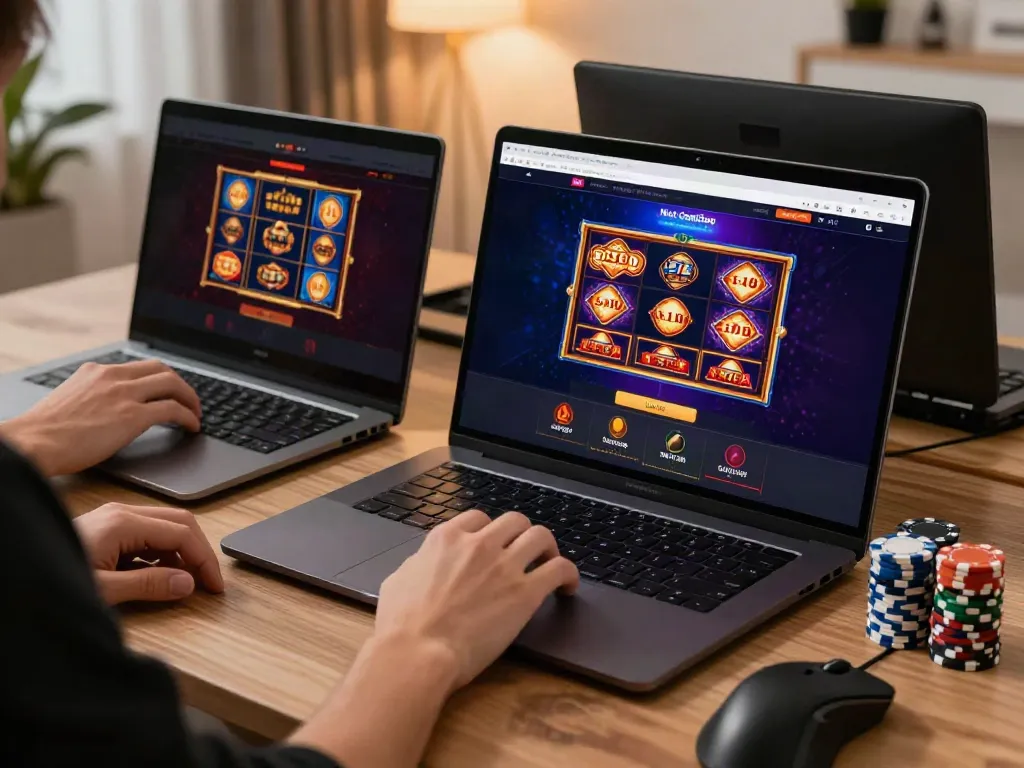 Casinos not on GamStop online gaming setup with laptop, poker chips, and vibrant graphics.