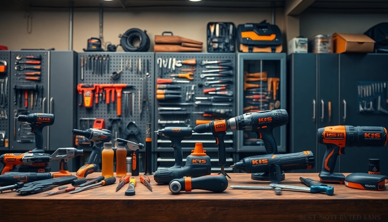 KS tools arranged neatly on a workbench in a professional workshop setting.