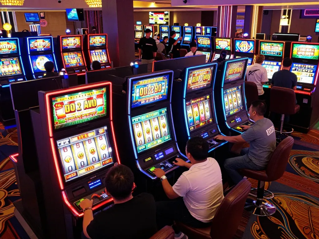 Engaged players spinning slot machines in a vibrant slot Malaysia casino scene, illuminated by dynamic neon lights.