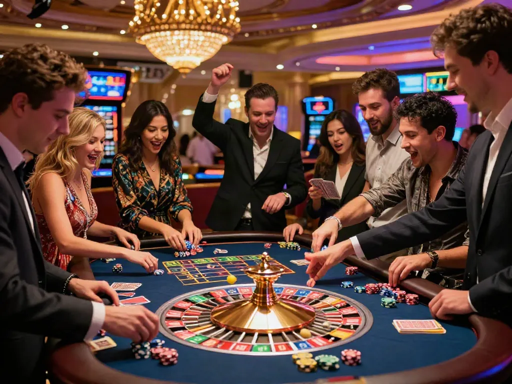 Players enjoying casinos not on GamStop at a vibrant roulette table.
