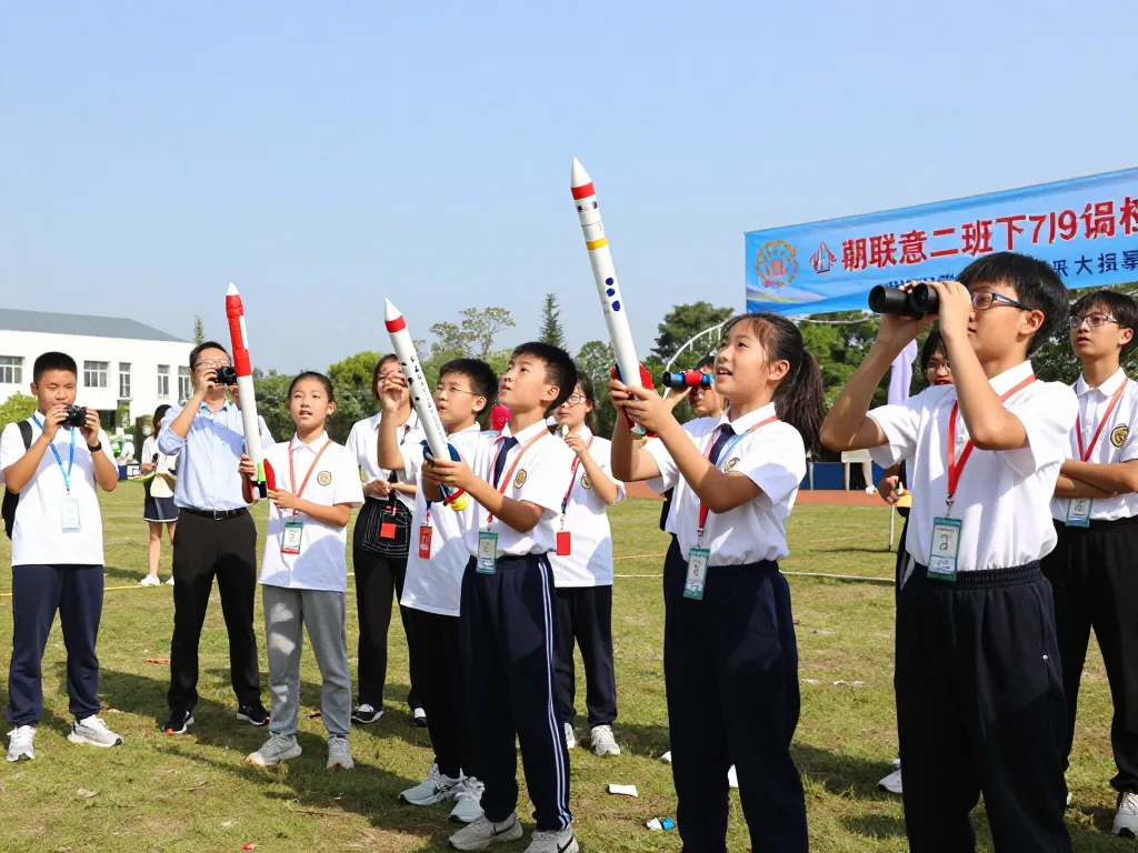 Students launching model rocket kits during a school event, showcasing excitement and STEM learning.