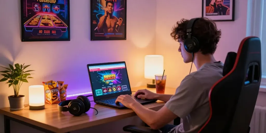 Engaging online gaming setup showcasing casinos not on GamStop with colorful LED lighting and laptop.
