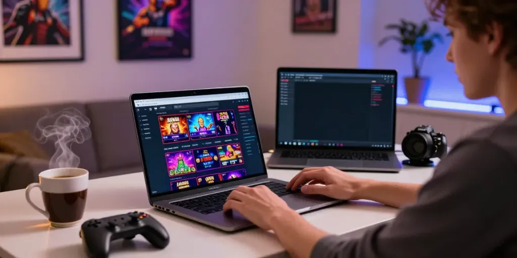 Engaging scene of a user exploring casinos not on gamstop online with vibrant game graphics.