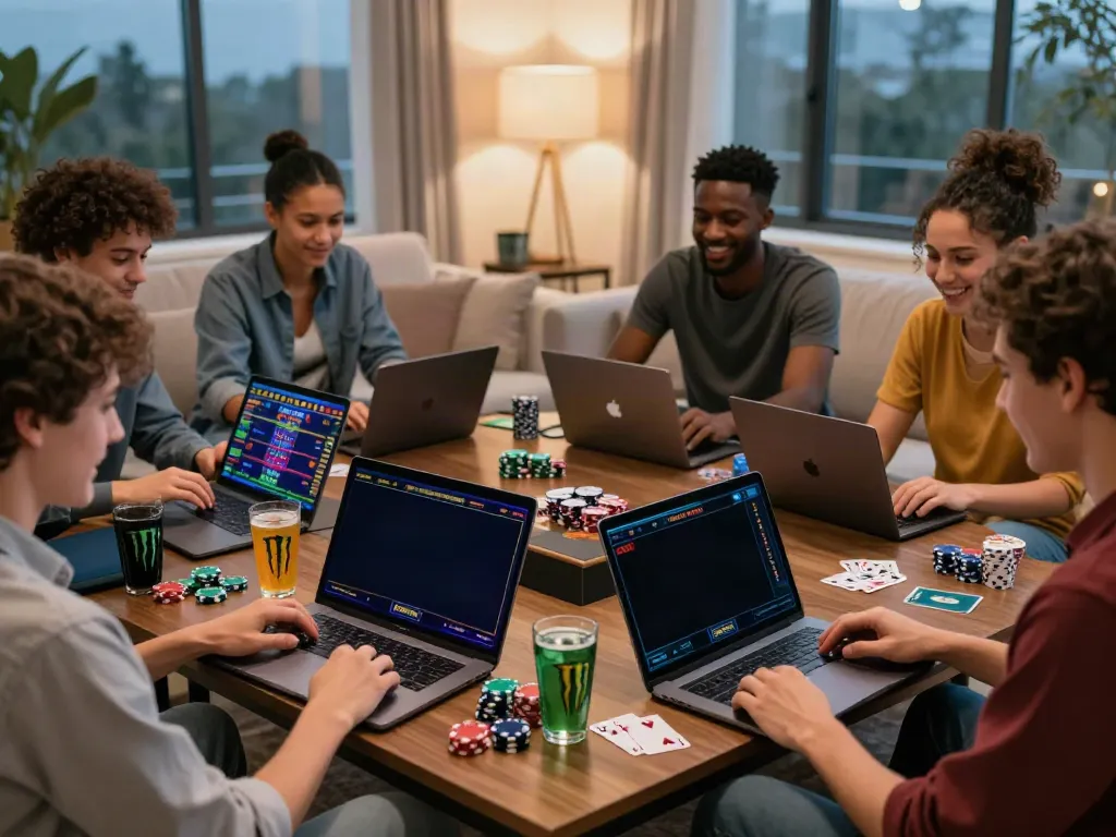 Friends playing online games at casinos not on gamstop in a cozy living room.