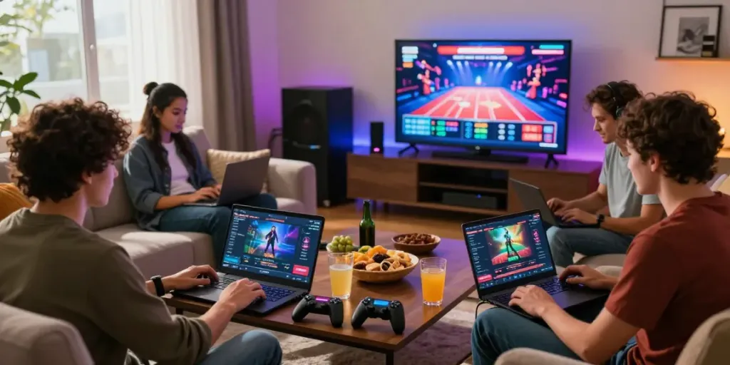 Friends enjoying a lively gaming night exploring casinos not on gamstop in a cozy room.