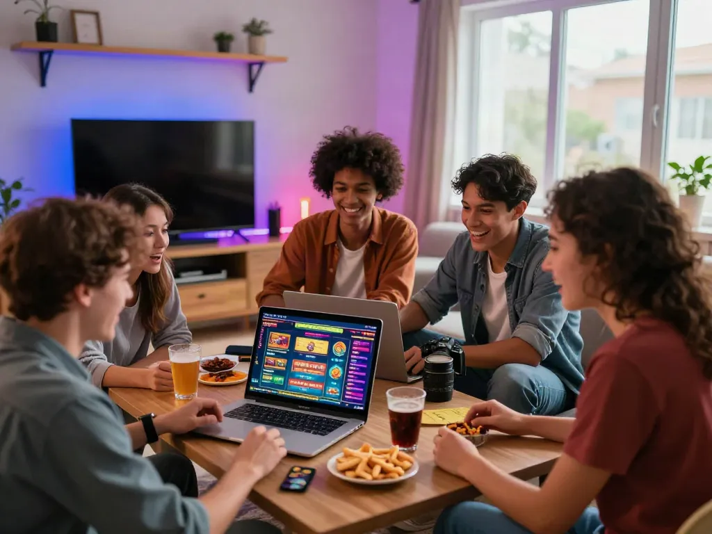 Friends enjoying a gaming session at casinos not on GamStop with upbeat decor and snacks.