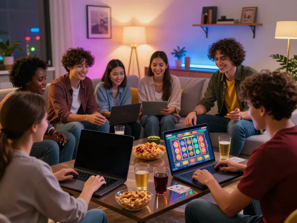 Friends enjoying a virtual gaming night at non-GamStop casinos with snacks and vibrant decor.