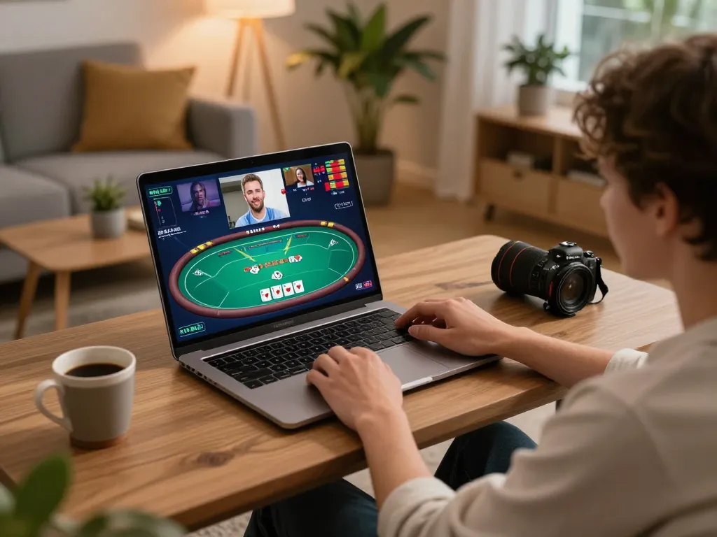 Engaged player on https://mm88.green/ enjoying online poker in a cozy home environment, highlighting responsible gaming practices.