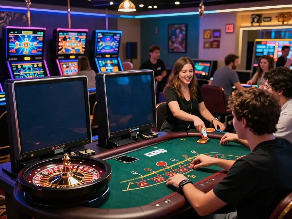 Exciting group of players enjoying casinos not on GamStop in a lively online gaming environment.