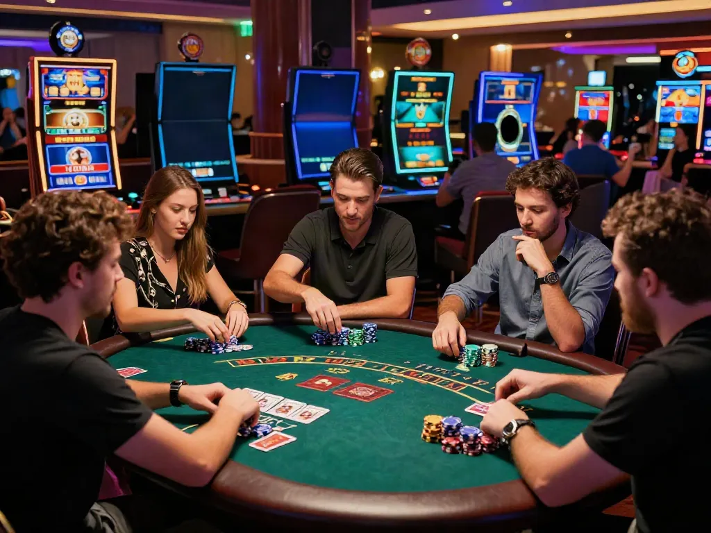 Exciting gaming experience at casinos not on gamstop with diverse players engaged in blackjack and slots.