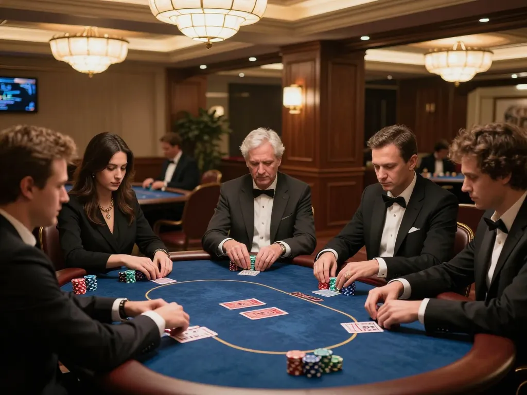 Players strategizing a high-stakes poker game at Vin88's elegant venue, with luxurious decor and focused ambiance.