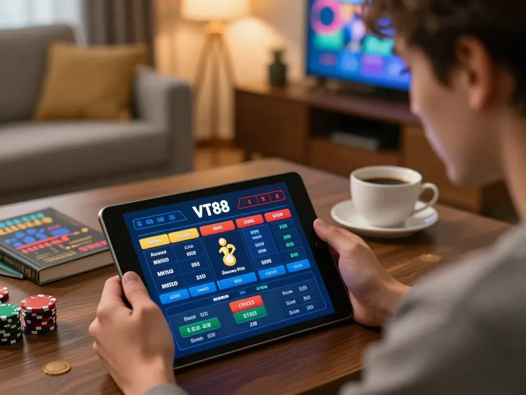 A player engages with the VT88 online platform on a tablet, highlighting strategic gaming at home.