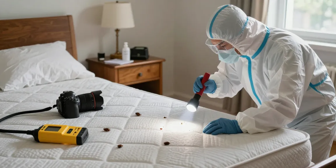 Bed bug removal inspection in residential bedroom with exterminator examining mattress.
