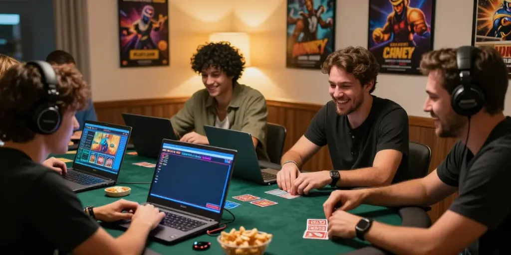 Players enjoying casinos not on GamStop in a vibrant home setting.