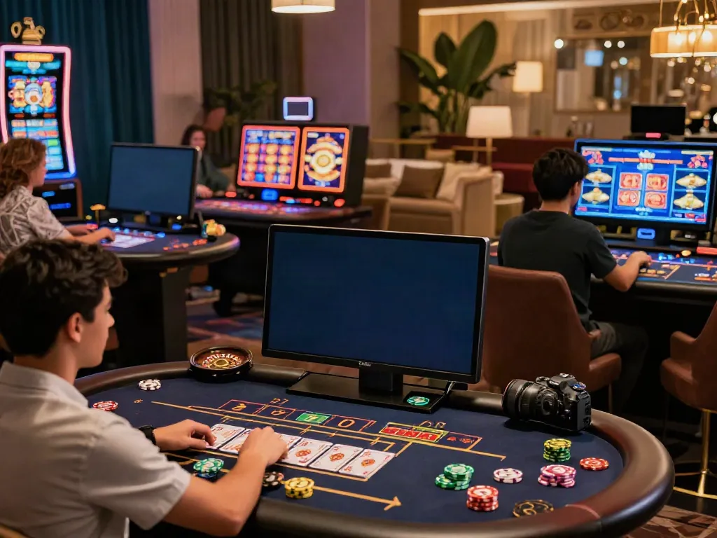 Engaging virtual casino scene showcasing casinos not on gamstop with diverse players, colorful gaming options, and inviting atmosphere.