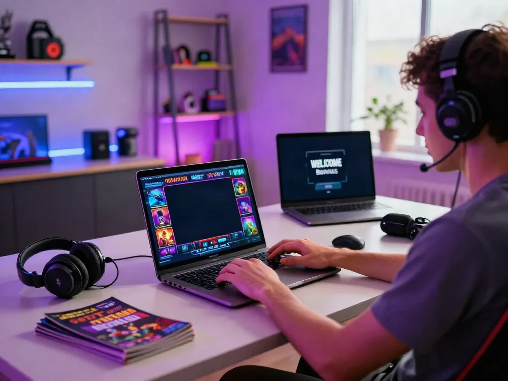 Person enjoying gameplay at casinos not on gamstop with colorful graphics and gaming setup.