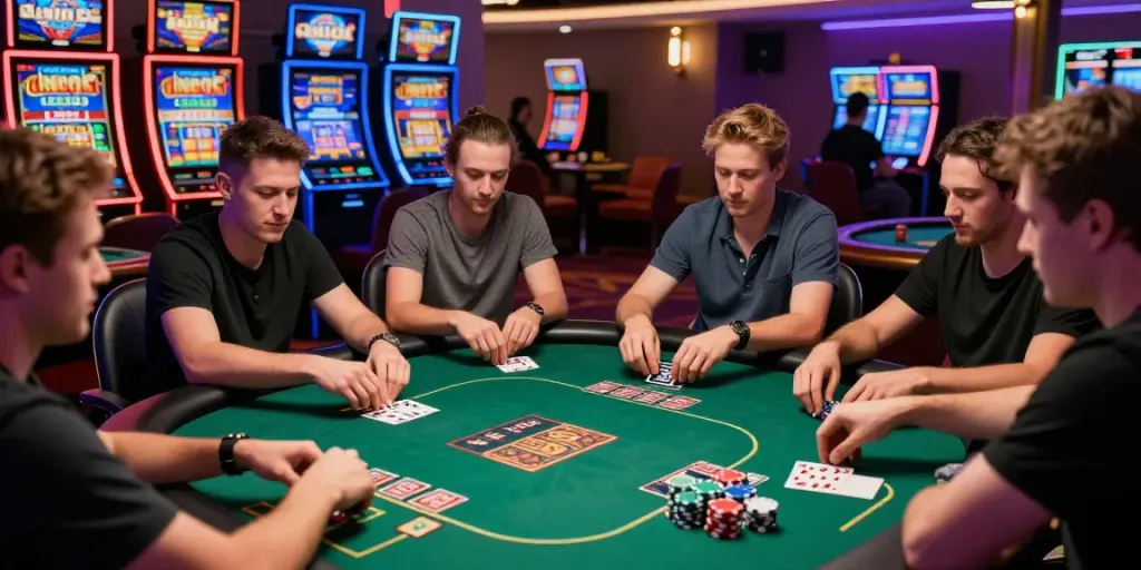 Exciting scene of players enjoying casinos not on gamstop with poker and neon lights.