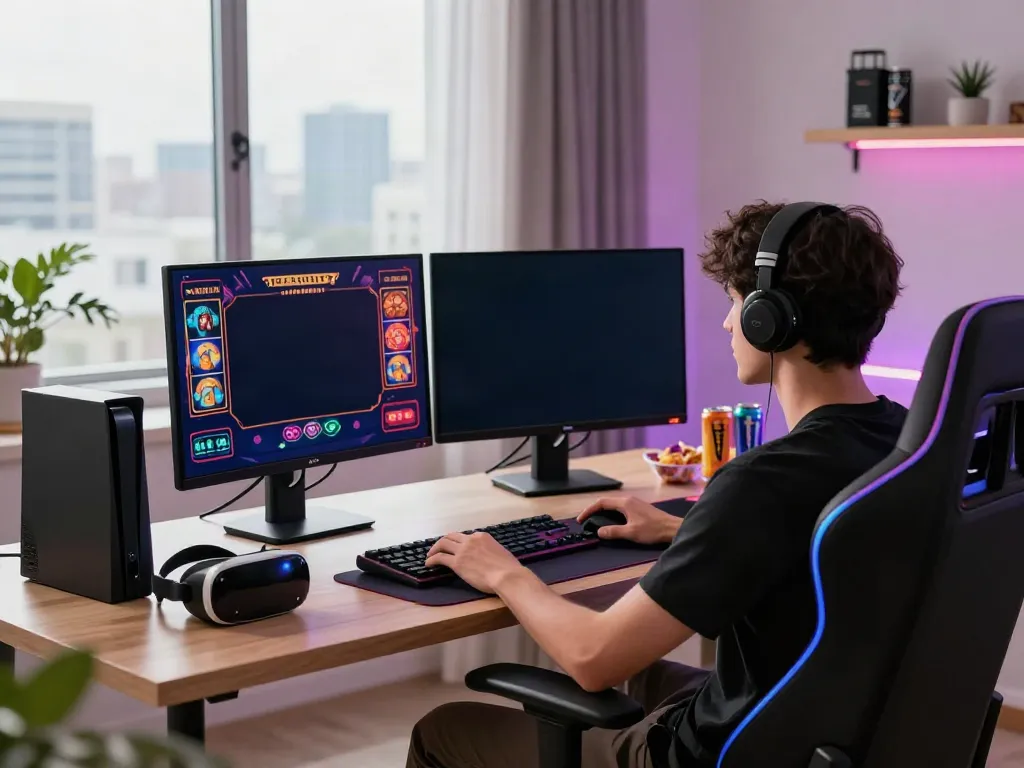 Engaging gaming experience with casinos not on gamstop featured on dual monitors, vibrant game interfaces.