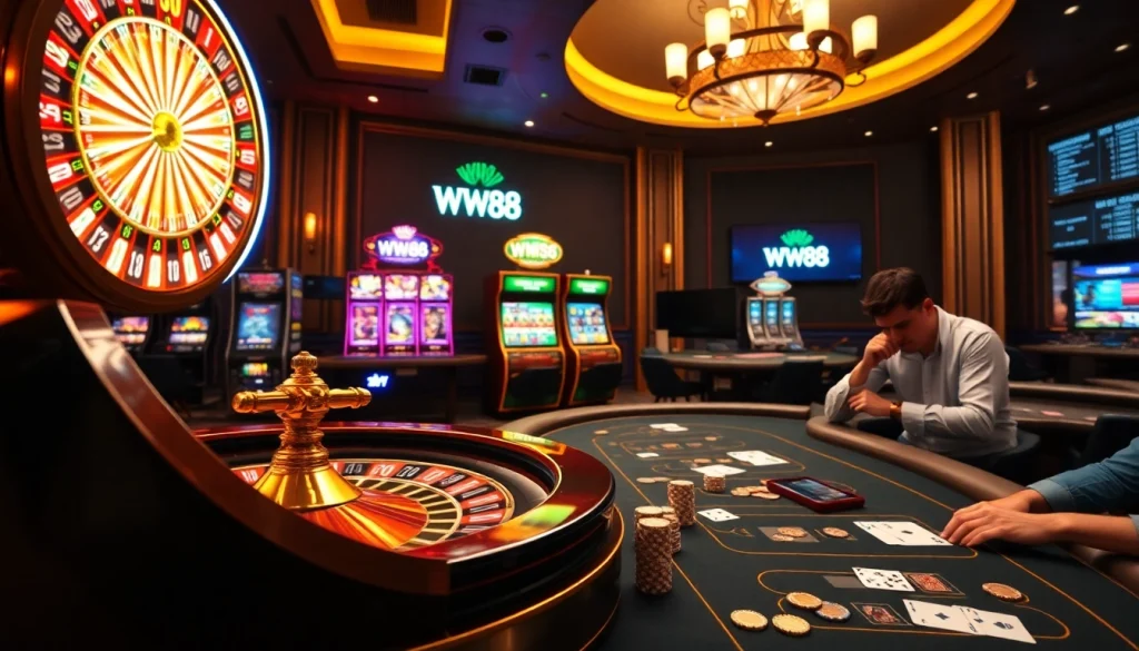 Experience thrilling gameplay at WW88 with immersive casino visuals featuring roulette and poker.