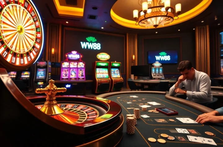 Experience thrilling gameplay at WW88 with immersive casino visuals featuring roulette and poker.