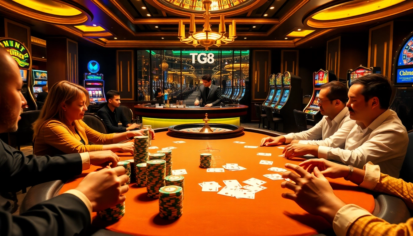 Experience thrilling gameplay at TG88 casino with high-stakes poker and lively casino atmosphere.