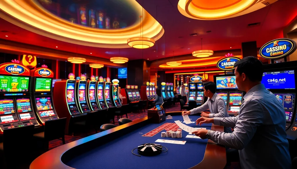 C54.gb.net showcases an exciting casino scene with players engaging in live dealer games and vibrant slot machines.