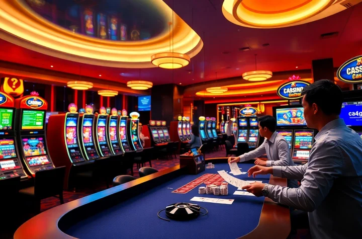 C54.gb.net showcases an exciting casino scene with players engaging in live dealer games and vibrant slot machines.