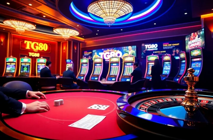 Exciting TG88 online casino scene with poker table, slot machines, and roulette wheel.