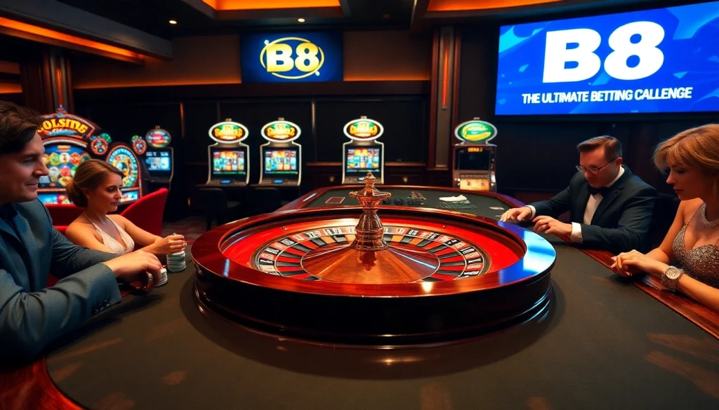 Experience the thrill of gambling at the B8 roulette table surrounded by eager players and flashing slot machines.