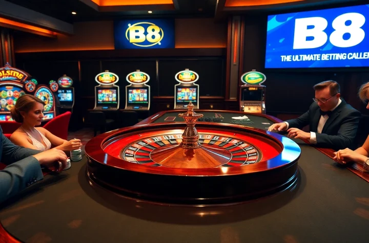 Experience the thrill of gambling at the B8 roulette table surrounded by eager players and flashing slot machines.