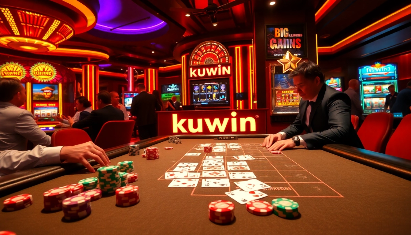 Kuwin casino scene with players enjoying poker and vibrant slot machines.