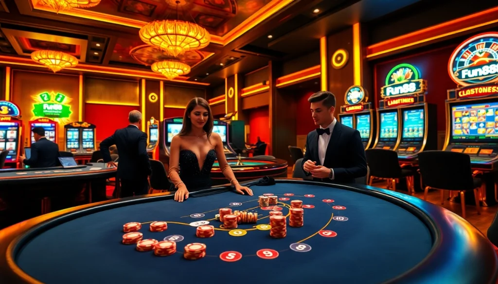 Exciting Fun88 casino scene with poker table, roulette wheel, and vibrant slot machines.