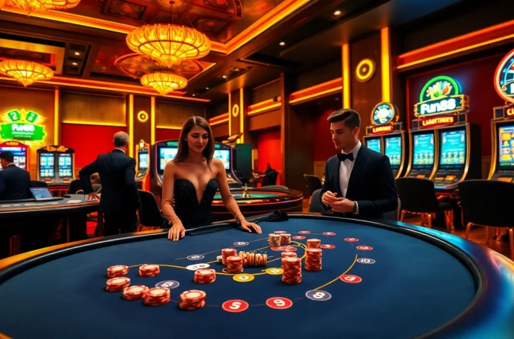 Exciting Fun88 casino scene with poker table, roulette wheel, and vibrant slot machines.