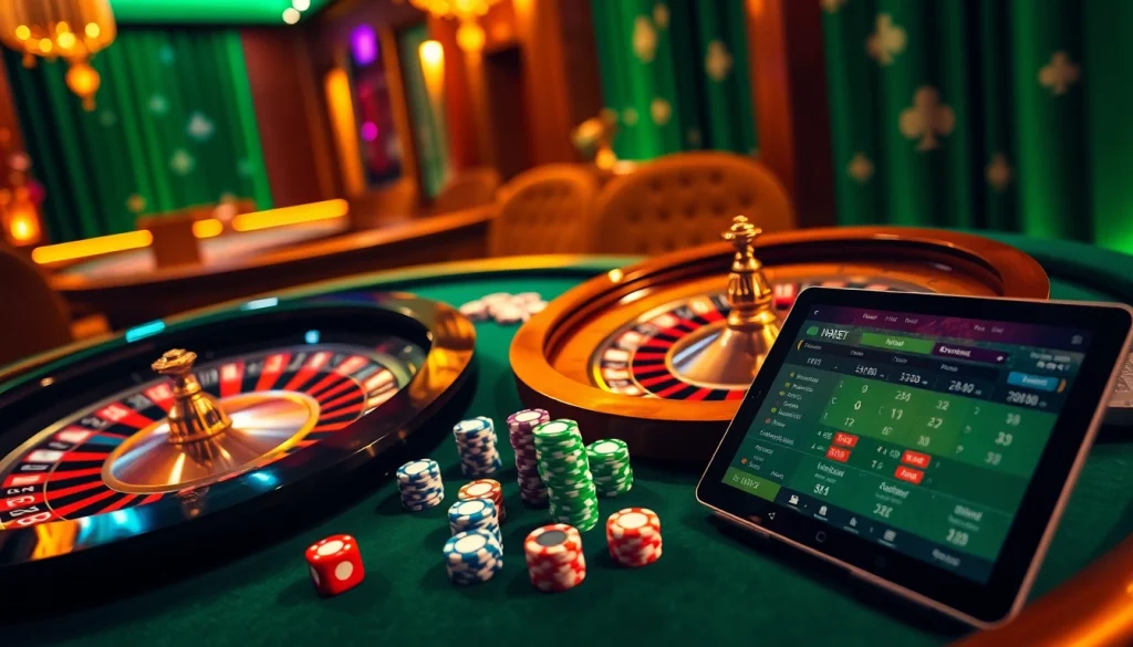 Experience the thrilling atmosphere of HBBET with vibrant casino elements like roulette and poker chips.