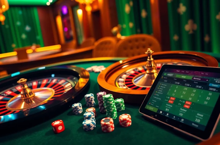 Experience the thrilling atmosphere of HBBET with vibrant casino elements like roulette and poker chips.