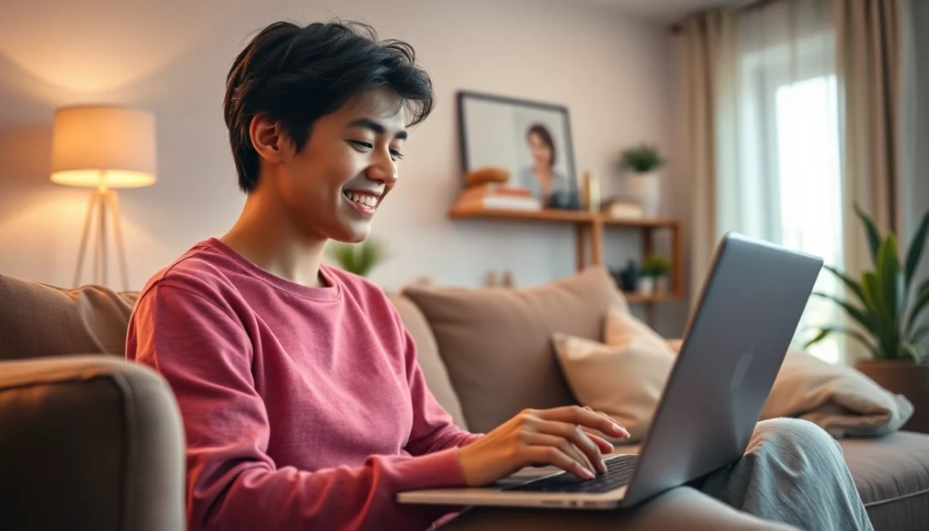 Engaging with an ai girlfriend in a cozy, modern living space, showcasing virtual companionship.