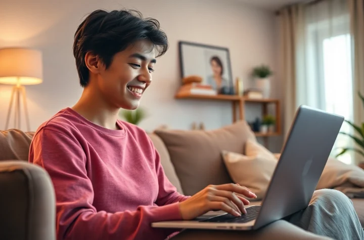 Engaging with an ai girlfriend in a cozy, modern living space, showcasing virtual companionship.