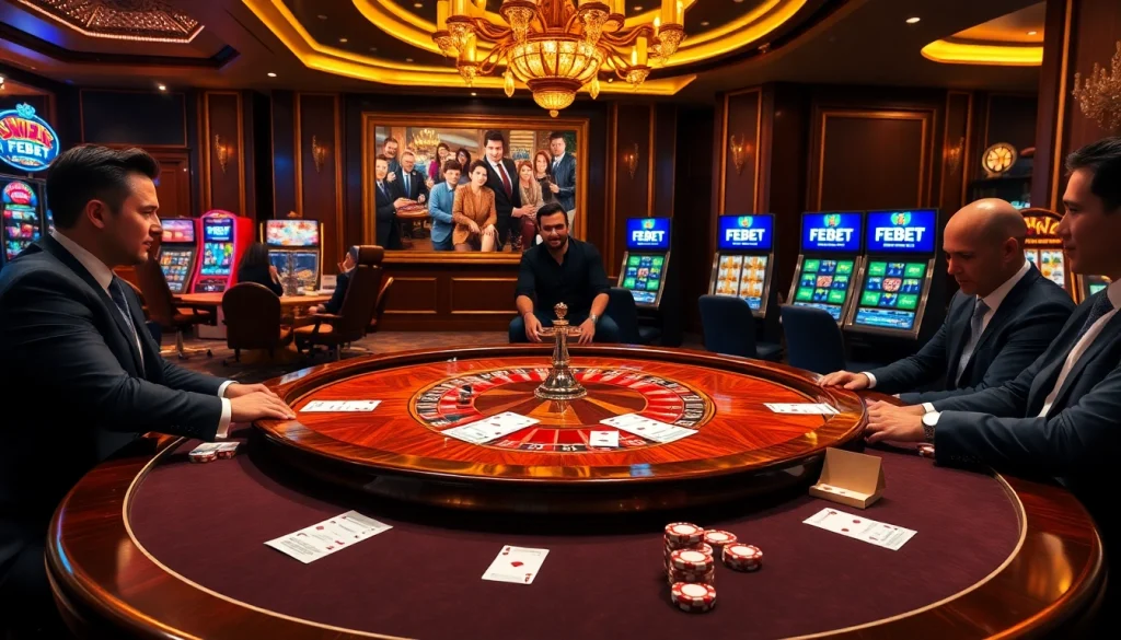 Engaging poker players at a FEBET-themed casino table, exuding excitement and professionalism.