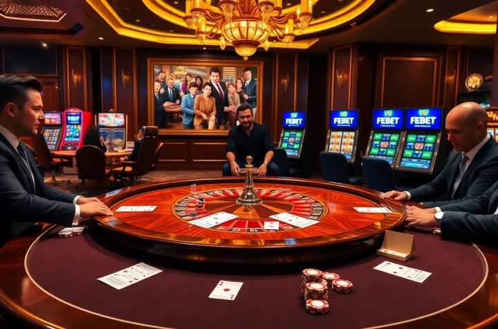Engaging poker players at a FEBET-themed casino table, exuding excitement and professionalism.